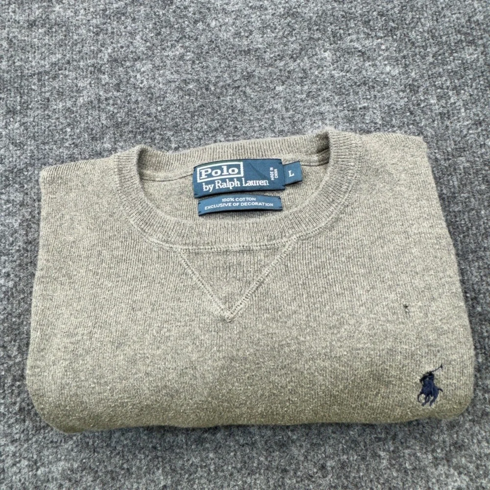 Polo Ralph Lauren Sweater Mens Large Gray Cotton V-Stitch Pullover Preppy